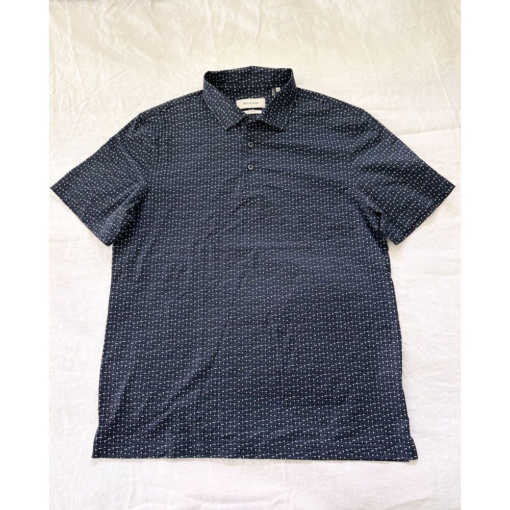 Bugatchi Golf Polo Shirt Mens XL Navy Blue Golf Ball Flag Short Sleeve Stretch